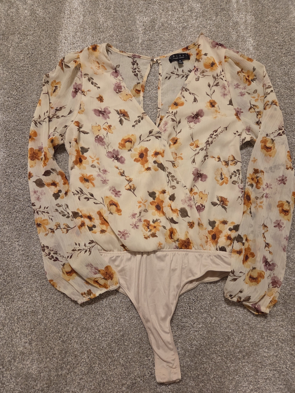 Trixxi Cream Floral Long-Sleeve Surplice Bodysuit with Mustard & Lilac Blooms